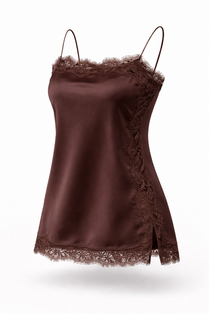 Brown satin nightgown with lace trim on a white background