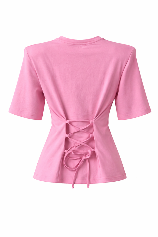 Pink top with a tie-back design on a white background