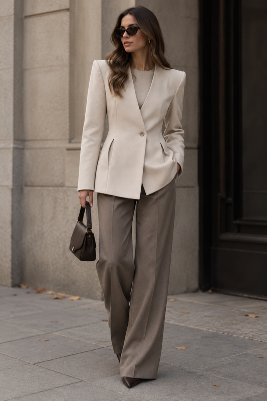 A woman walking outdoors in a city setting wearing a tailored cream blazer and wide-leg taupe trousers, with dark sunglasses and a small dark handbag.