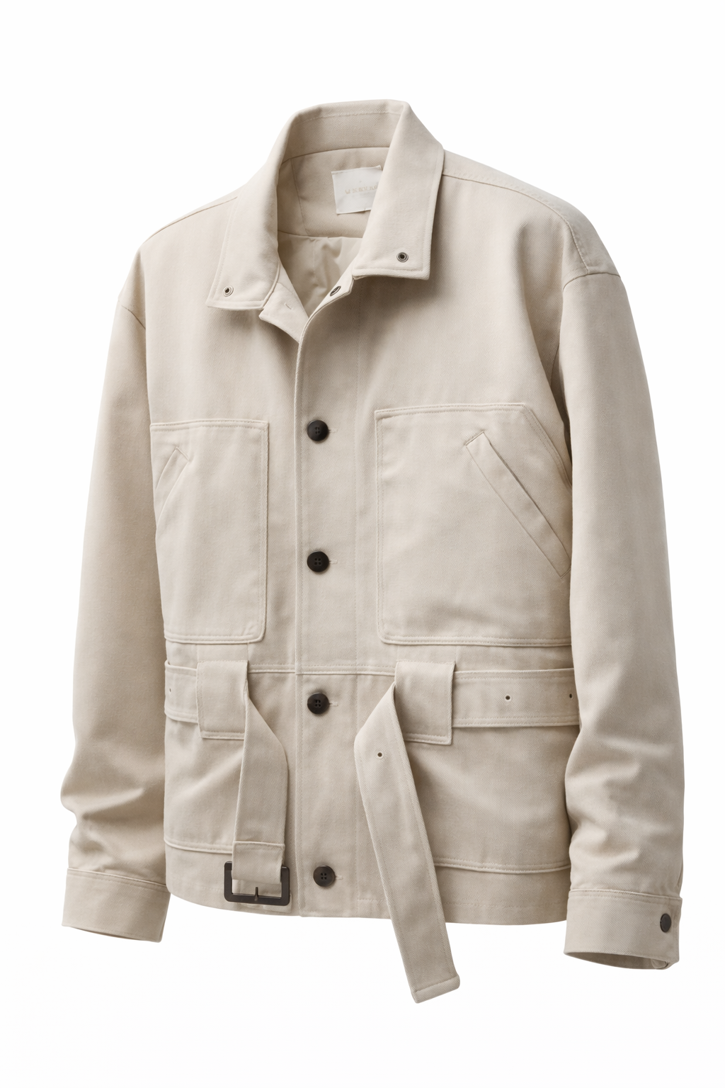 Beige jacket with a belt on a white background