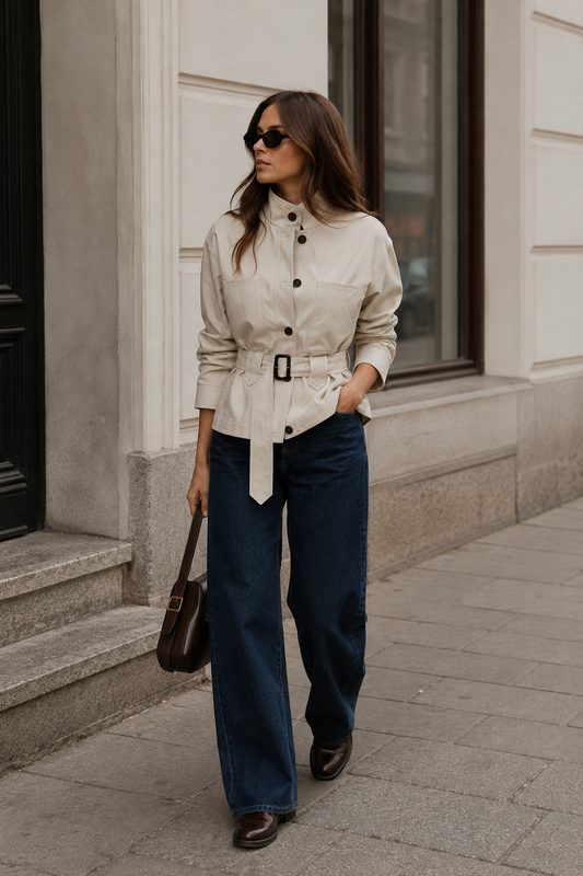 A woman wearing a beige belted shirt jacket, dark blue wide-leg jeans, and brown leather shoes walks on a city sidewalk next to a building.
