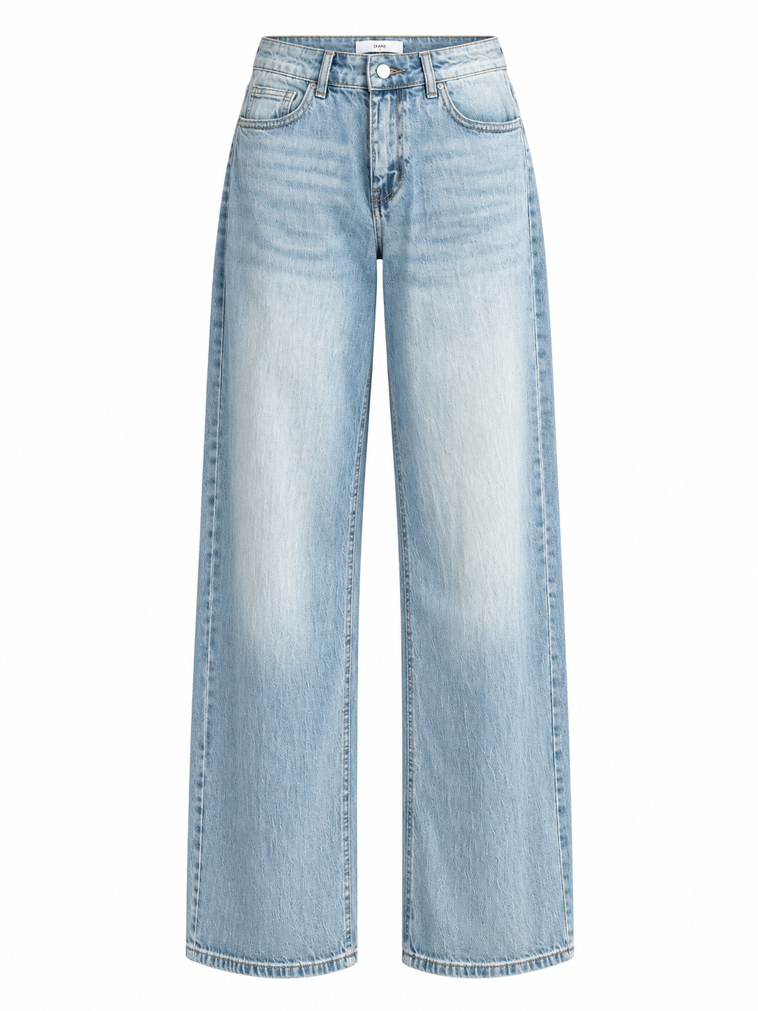 Light wash blue wide-leg denim jeans with a high waist and faded detailing, shown against a plain white background.