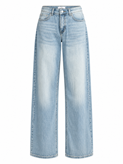 Light wash blue wide-leg denim jeans with a high waist and faded detailing, shown against a plain white background.