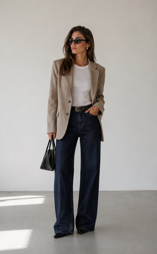 Woman wearing a beige blazer, white top, and dark jeans, holding a black handbag against a white background.