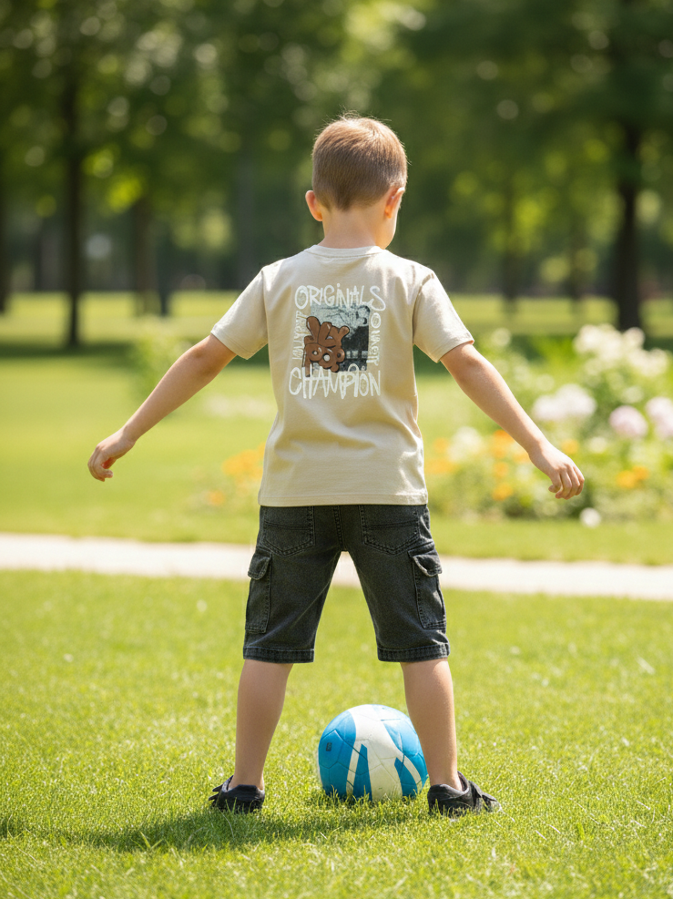 Child standing on grass with a soccer ball, wearing a beige t-shirt and black shorts.