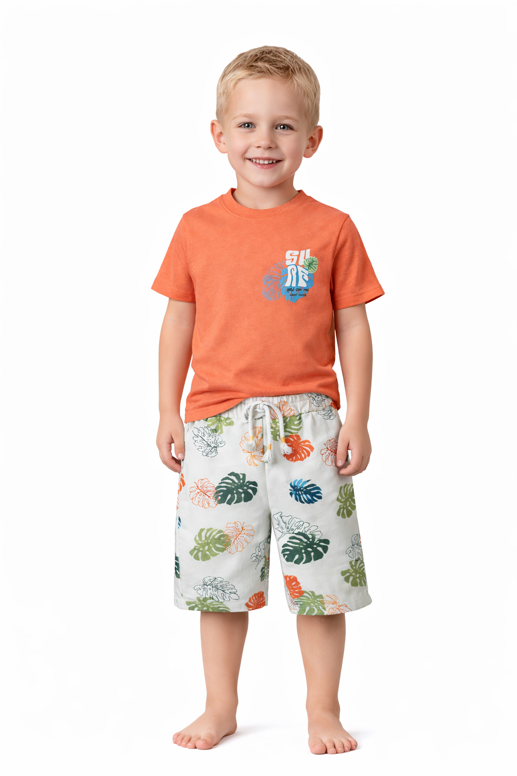 Child wearing an orange t-shirt with a graphic and white shorts with leaf pattern on a white background