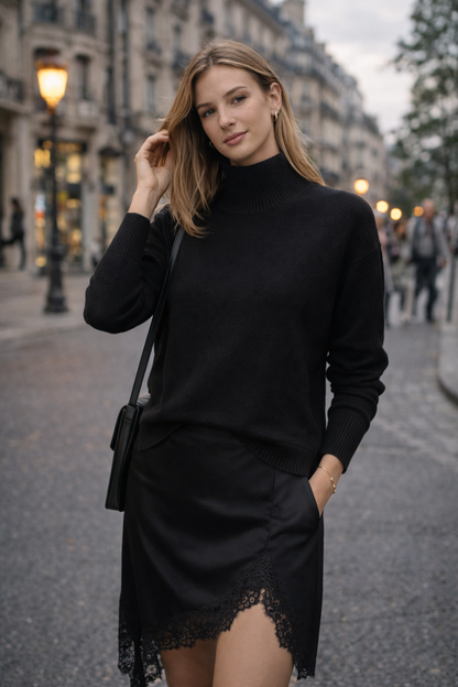 Juodas vilnos megztinis ir sijonas ant merginos