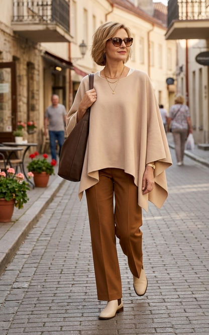 Woman walking down a street wearing a beige poncho and brown pants.