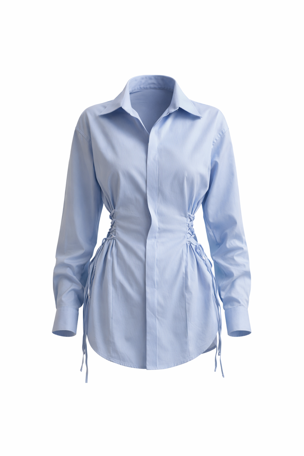 Light blue shirt with a tie waist on a white background