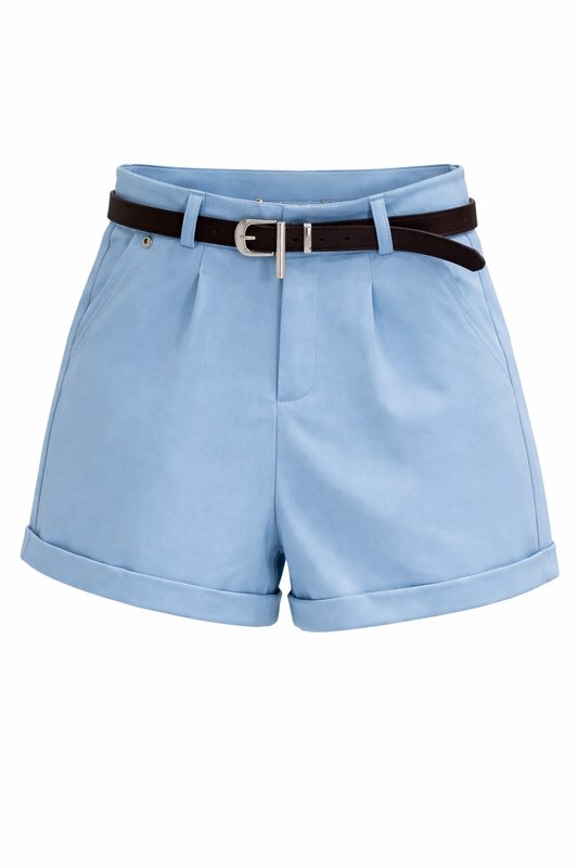 Light blue shorts with a brown belt on a white background